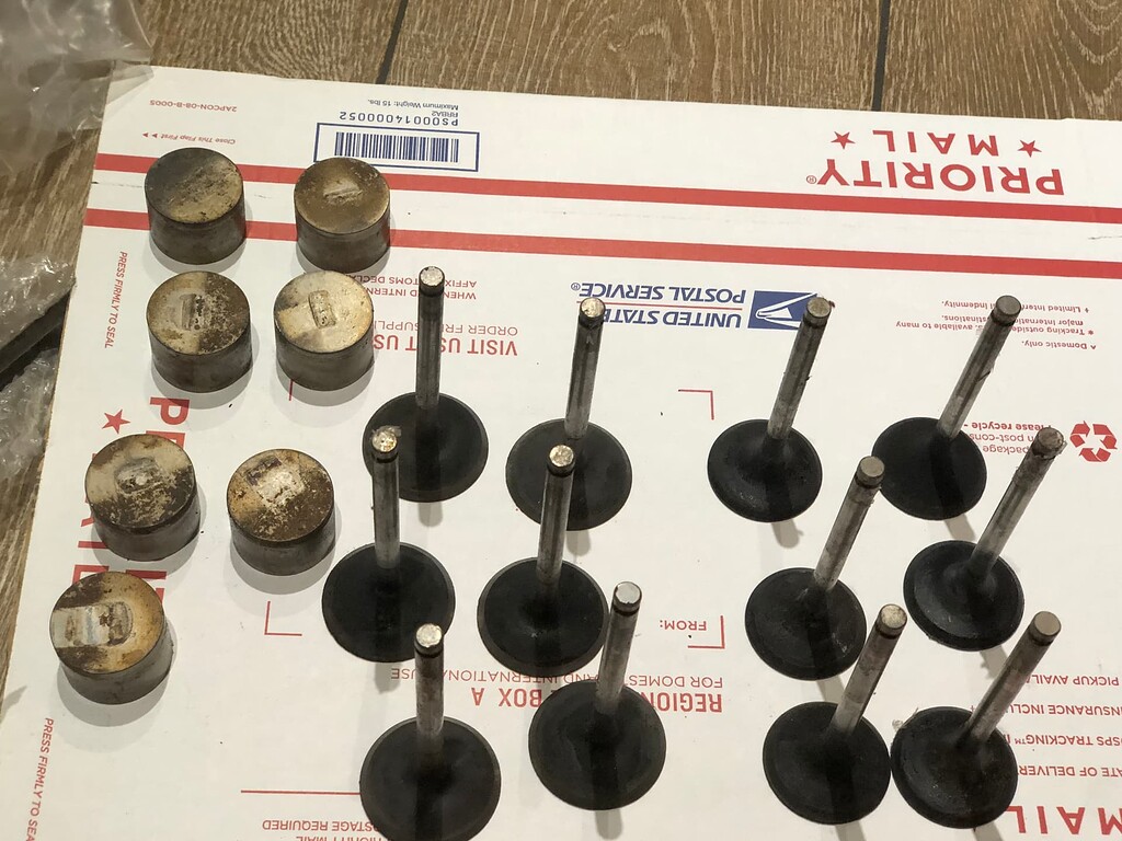 Full set of exhaust and intake valves, springs, and some cam followers